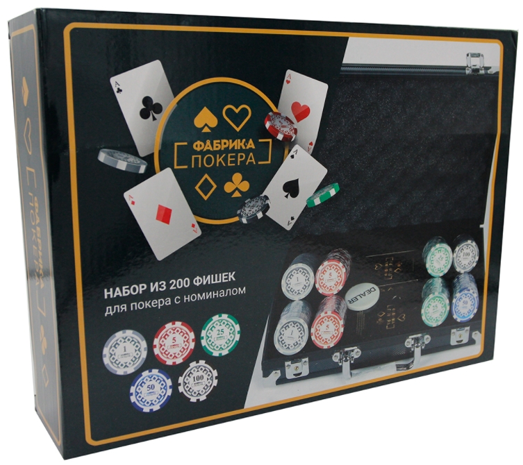 Набор для покера Фабрика покера в чёрном кейсе (200 фишек с номиналом)