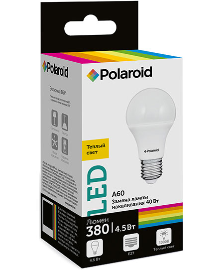 

Светодиодная лампа Polaroid 220V A60 4,5W 3000K E27 380lm