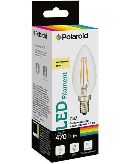 

Светодиодная лампа Polaroid 220V C37 FIL 4W 4000K E14 470lm