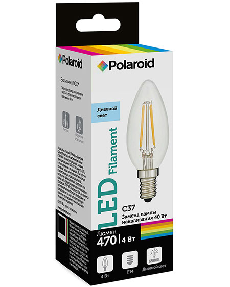 

Светодиодная лампа Polaroid 220V C37 FIL 4W 6500K E14 470lm