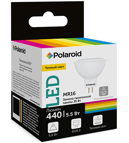 

Светодиодная лампа Polaroid 220V MR16 5,5W 3000K GU5.3 440lm