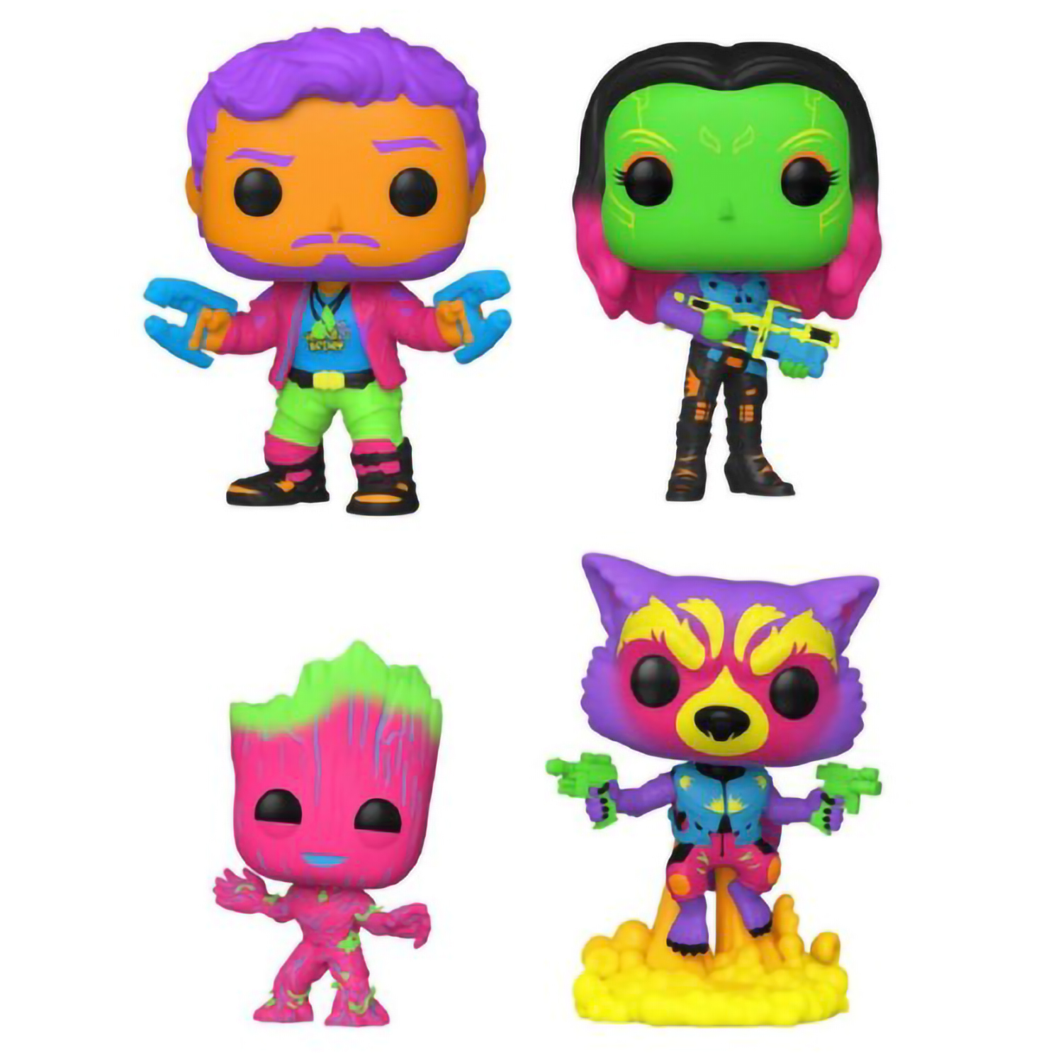 

Фигурка Funko POP Marvel: Guardians Of The Galaxy Vol. 2 – Star-Lord & Gamora & Groot & Rocket Raccoon Black Light Exclusive Bobble-Head (4 in)